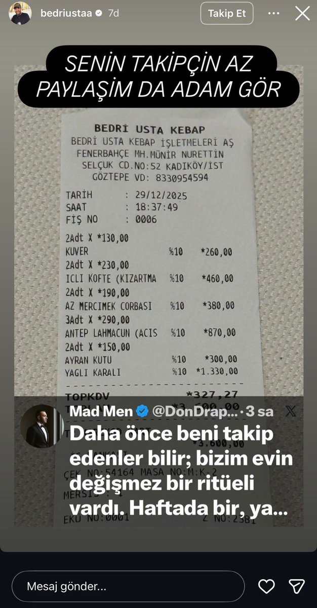 ajans_muhbir's tweet photo. Bedri Usta’da yüksek fiyatlara dikkat çekmek isteyen vatandaş yediği yemeğin fişini paylaşınca, Bedri Usta müşteriyi alıntılayarak alay etti:

 “Senin takipçin az, paylaşayımda ADAM gör.” https://t.co/hazLzWXsxR
