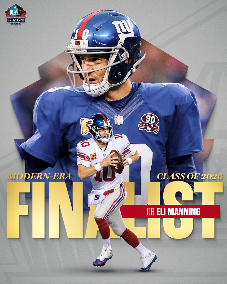 ProFootballHOF's tweet image. Fifteen modern-era players have been announced as finalists for the Pro Football Hall of Fame’s Class of 2026, presented by Visual Edge IT. profootballhof.me/3LdsgQq @EliManning @Giants