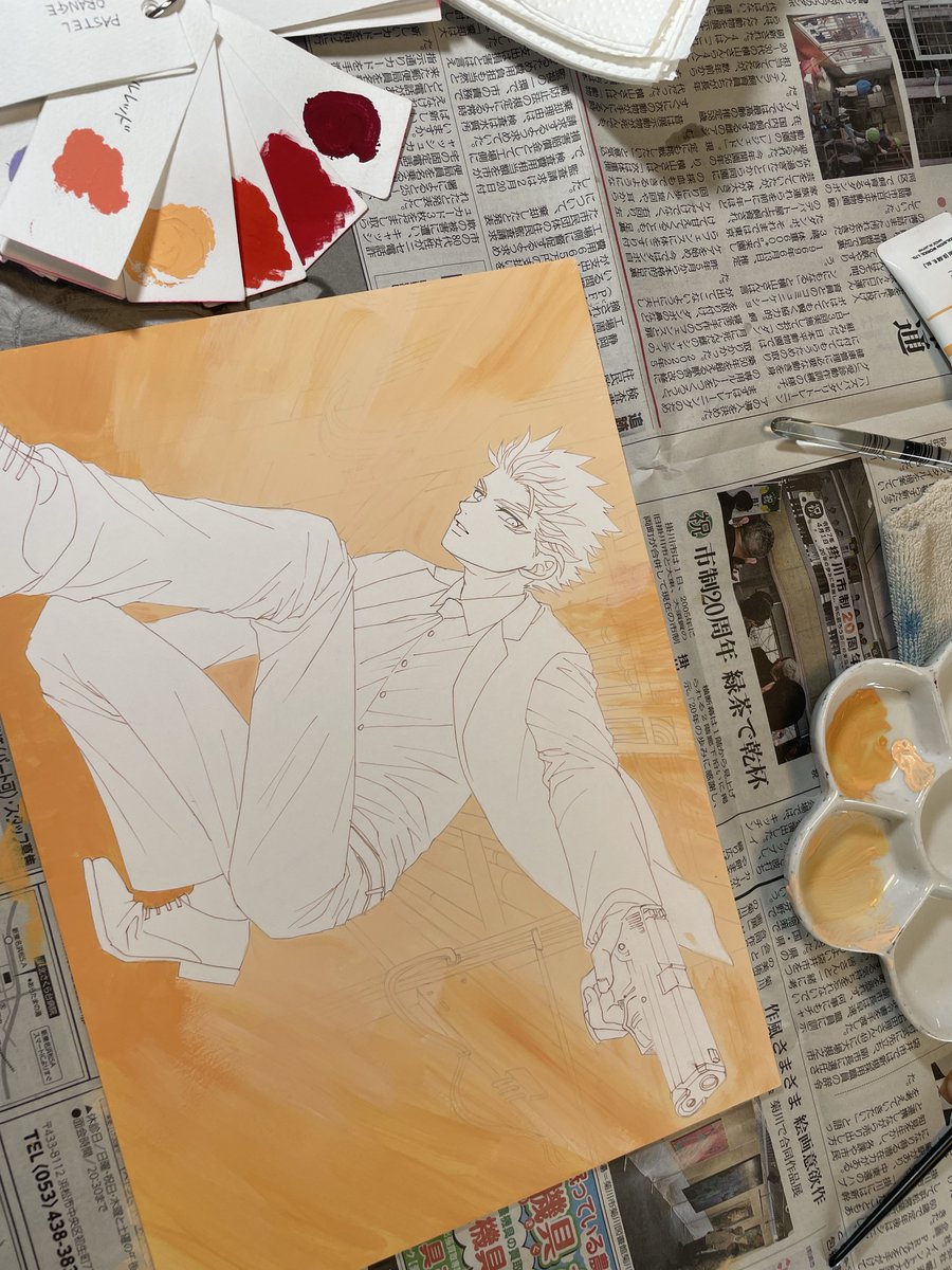 色塗りですよ😆

まずは下塗りしました！
アクリルガッシュで塗っていますが、背景が見えなくなってしまいましたね！
背景なのでまぁいいか！😅