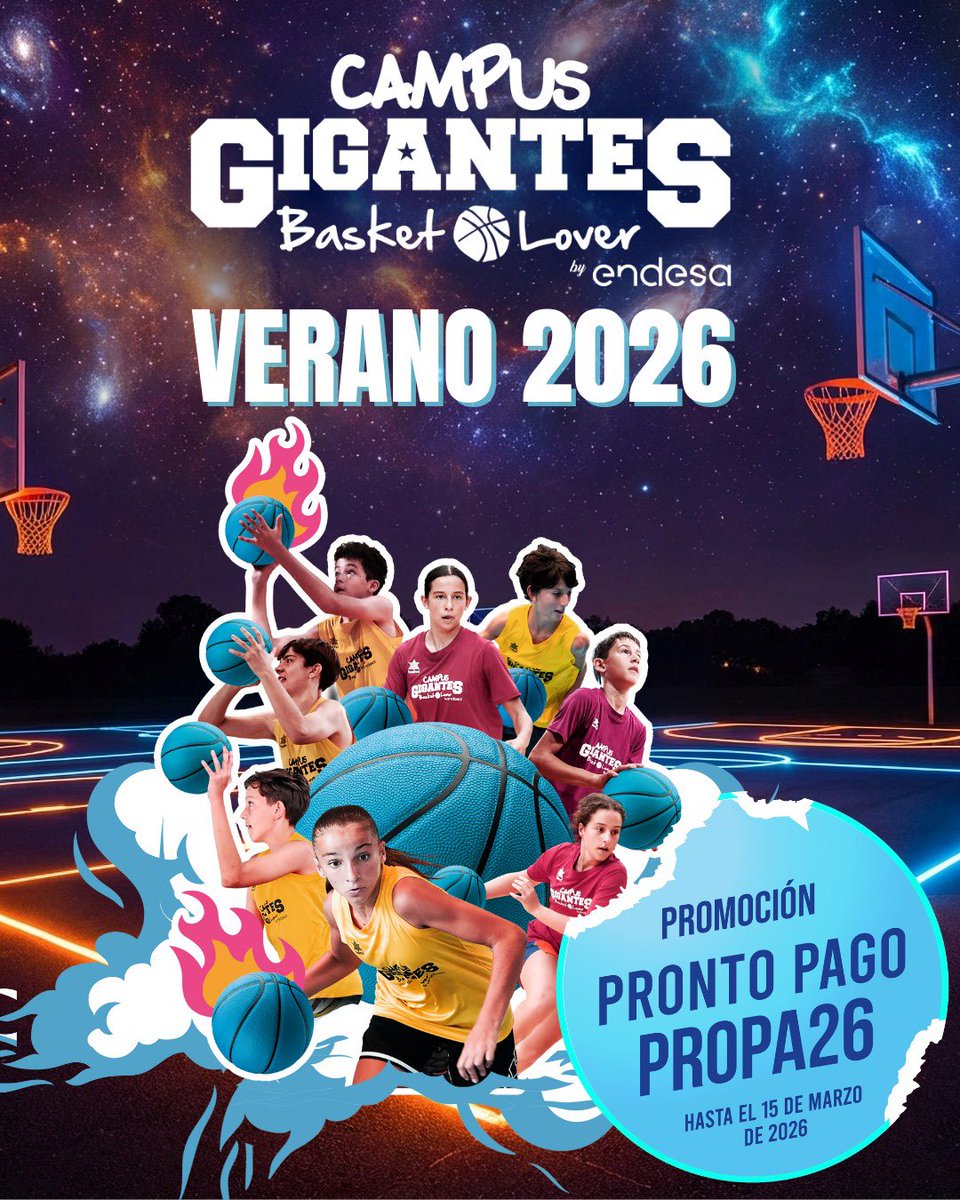 🚀🏀 YA ES OFICIAL: Campus Gigantes Basket Lover - Verano 2026

Técnica, intensidad y competición en cada sesión.
⭐ +13 años de experiencia
📍 28 sedes en España (Junio–Julio)
🎟️ Promo Pronto Pago: PROPA26 (hasta 15/03/2026)

👉 Entra y elige tu sede: campusgigantes.com/verano/