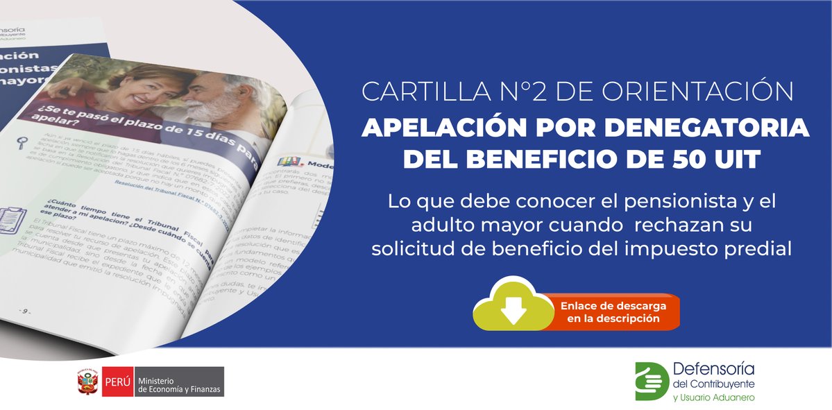 DefContrib's tweet image. 🤔Si tu solicitud del #BeneficioImpuestoPredial fue rechazada, esta información es para ti. 
Descarga la segunda cartilla de orientación para pensionistas y adultos mayores y conoce cómo presentar tu apelación. Enlace 👇mef.gob.pe/defensoria/mem…