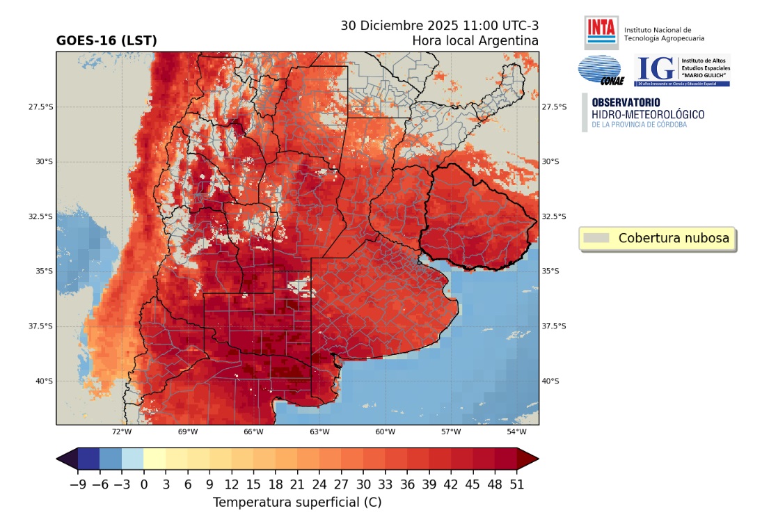 Temperatura Superficie Terrestre del 30/12/2025 a las 11 hs

Se observa claramente distintos puntos de mucho calor:
1- Note de la Patagonia, La Pampa, San Luis, Córdoba, Mendoza y San Juan como los puntos más calientes.
2- seguidos por Buenos Aires, Uruguay y Entre Ríos

Las