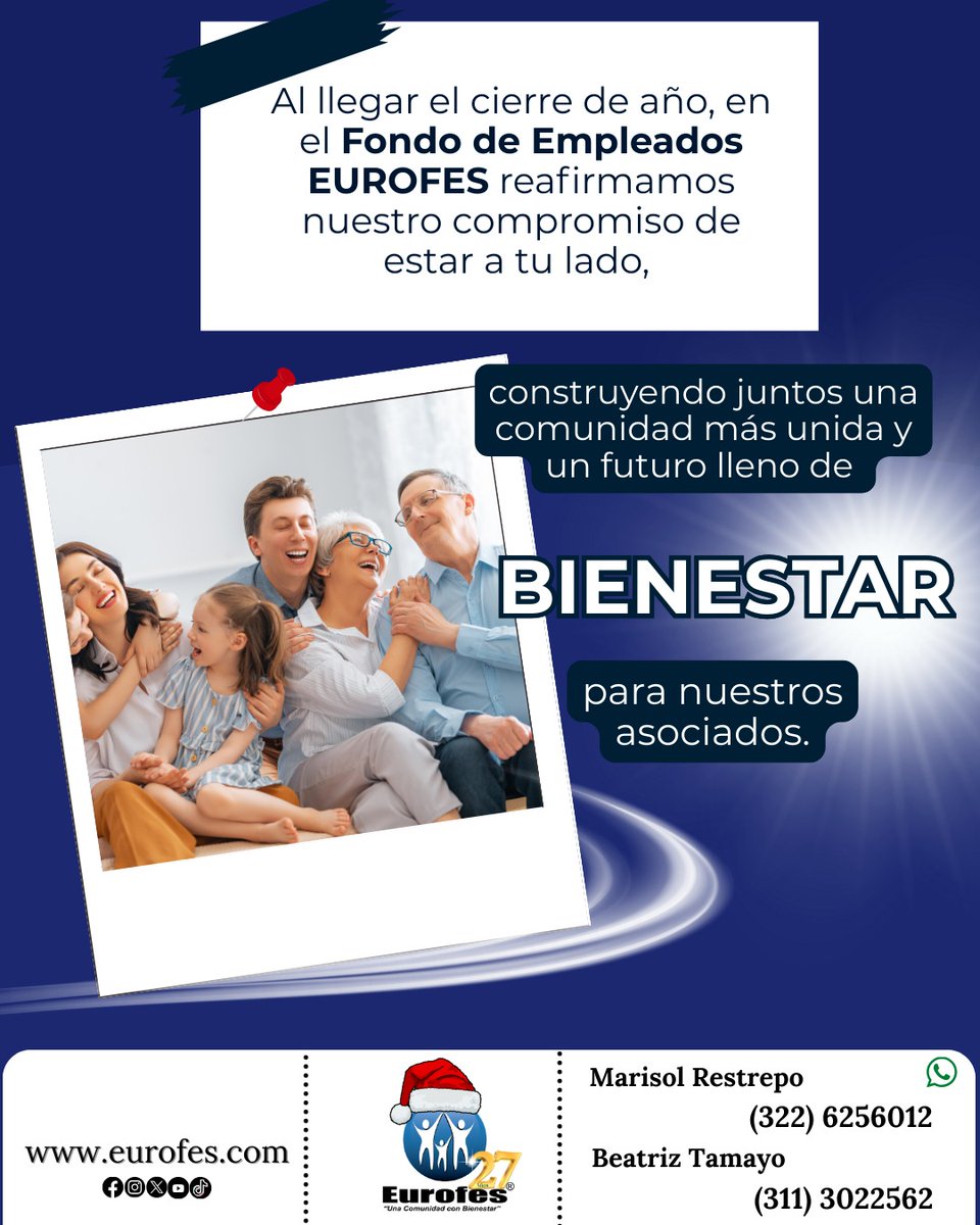 Al llegar el cierre de año ✨
en el Fondo de Empleados EUROFES reafirmamos nuestro compromiso de estar a tu lado 🤝
Construyendo juntos una comunidad más unida 
y un futuro lleno de bienestar para todos nuestros asociados 💙🌟

#FindeAño #AñoNuevo #Compromiso #Renuevo