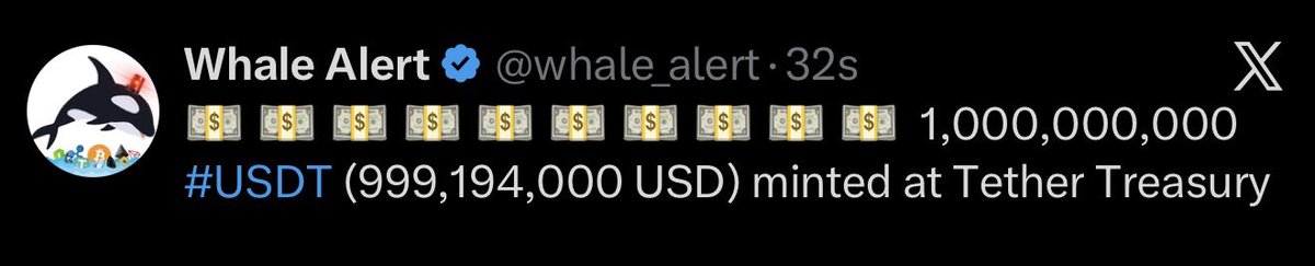 AshCrypto's tweet photo. BREAKING:

💵 $1 Billion USDT just minted. https://t.co/S8h6UBsC8g