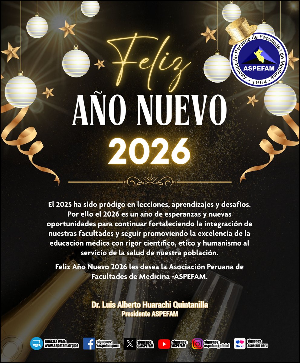 ASPEFAM's tweet image. ✅ ¡Feliz Año Nuevo 2026! ... les desea ASPEFAM
➡️ Ver saludo: goo.su/EQ6w9Wu
➡️ Noticias: aspefam.org.pe/prensa.htm
#AspefamPeru #EducacionMedica