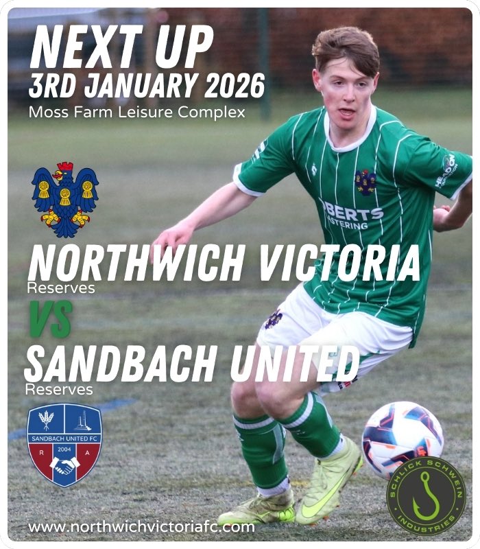 NVFC_Reserves's tweet photo. 🔥 NEW YEAR NEW CHALLENGE 🔥

@NVFC_Reserves 🆚 @SandbachFC_1st  RESERVES 

📍 Moss Farm Leisure Complex
🗓 Saturday 3rd January
⌚️ 14:15 Kick Off
🏆 J A Walton Challenge Cup

Be there. Be loud. 💚💪
#NVFC #Matchday #UpTheVics 

@NorthwichVicsFC @SchlickSchwein @MattyPlasterer https://t.co/y4CEFP1FB9
