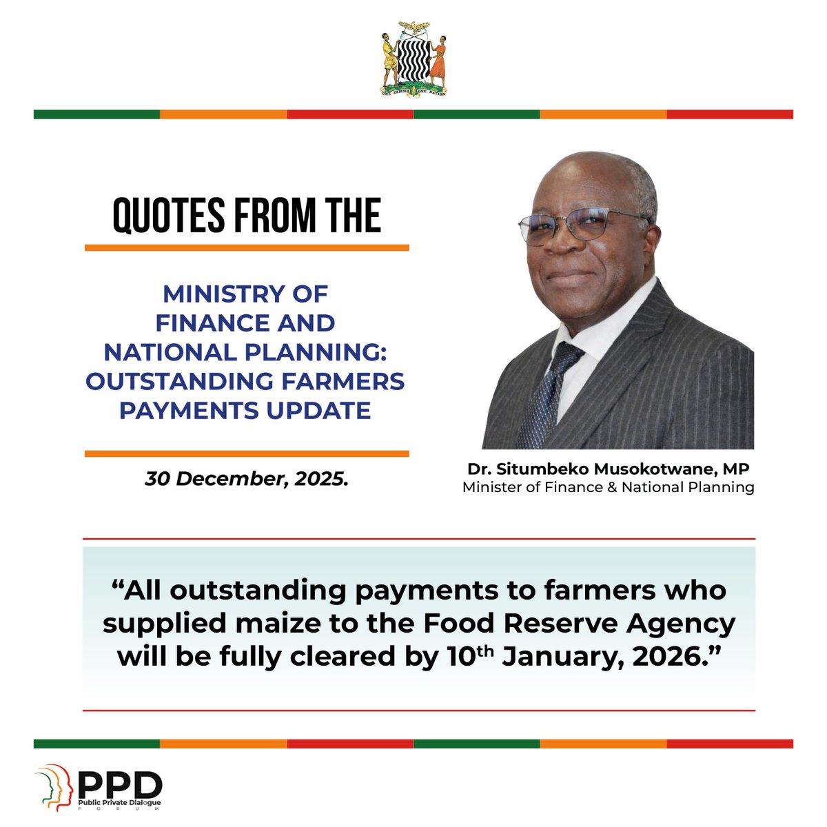 mofnpzambia's tweet photo. ALL OUTSTANDING MAIZE PAYMENTS TO FARMERS TO BE CLEARED BY JANUARY 10, 2026 - Finance and National Planning Minister Dr. SITUMBEKO MUSOKOTWANE has said all outstanding payments to farmers who supplied maize to the Food Reserve Agency will be fully settled by January, 10, 2026, seeking to reassure growers amid concerns over payment delays.

In a statement, the Minister acknowledged the delays but said the FRA was continuing to receive funds from financing institutions, alongside proceeds from ongoing maize sales, allowing payments to be made on a rolling basis ahead of the final settlement date.

“Farmers will continue to receive their payments during this period, even before the final instalment is received,” the Minister said.

The Minister said timely payments were critical for household welfare, sustaining livelihoods and enabling farmers to prepare for the current farming season, adding that the Government remained committed to ensuring every farmer was paid in full within the stated timeframe.

Finance Minister Dr. SITUMBEKO MUSOKOTWANE thanked farmers for their patience and contribution to national food security and economic stability, echoing remarks by President HAKAINDE HICHILEMA.

Further updates would be issued as necessary.
#Farmers #FRA @S_Musokotwane @CKandeta