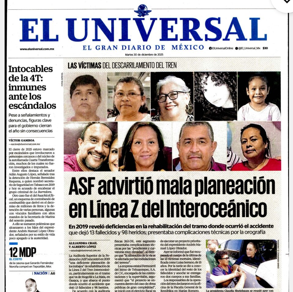 La presidenta Claudia Sheinbaum se queja de esta portada de El Universal y la califica de "bajeza".

La presidenta se EQUIVOCA. La portada es impecable.

Arriba los rostros de las víctimas. En el centro lo que las auditorías habían advertido de las deficiencias del tren.

Esto es