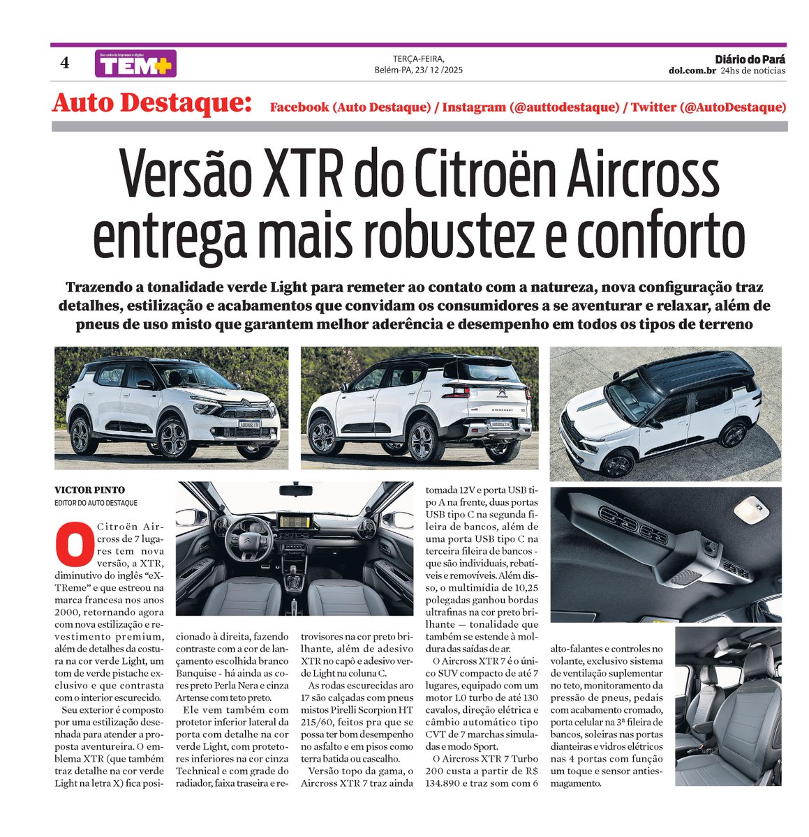 Versão XTR do Citroën Aircross entrega mais conforto e robustez, como mostra esta matéria publicada no caderno Auto Destaque do jornal Diário do Pará de 23/12/2025 #AutoDestaque #DiárioDoPará #Citroen #Aircross #CitroenAircross #AircrossXTR #CitroënAircrossXTR #CitroenAircrossXTR
