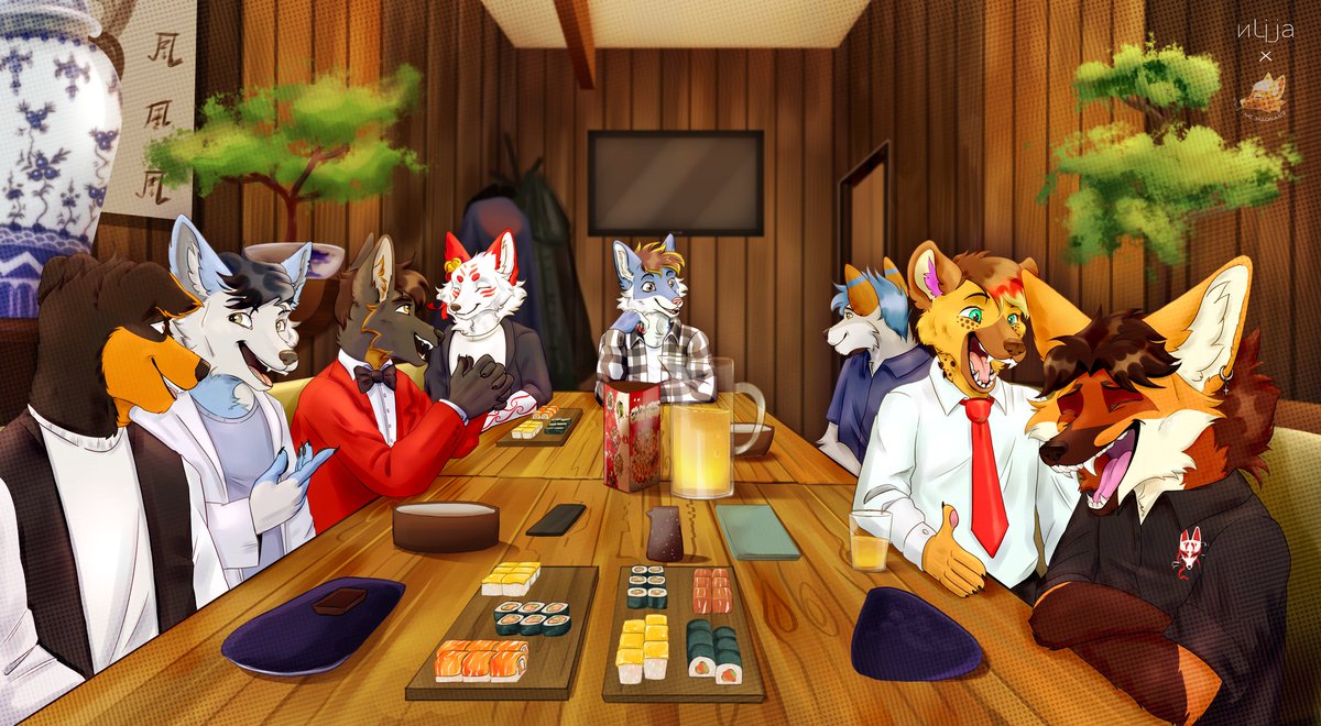 🎋Commission-collab🎋

Wonderful night in the restaurant with friends ✨

Commission for <a href="/GoodwinTheWolf/">Goodwin Richter</a> 
Collab with <a href="/lis_zadolbalsay/">Nikolas</a> 

#furryartwork #furryartist #commissionart