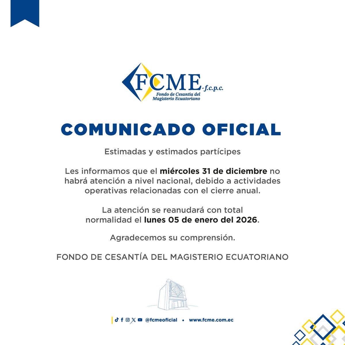 Agradecemos sinceramente la comprensión de nuestras y nuestros Partícipes 🤝
Les deseamos un cierre de 2025 lleno de alegría, paz y momentos especiales junto a sus seres queridos ✨🎉

Retomaremos la atención con total normalidad desde el lunes 05 de enero de 2026, para lo cual