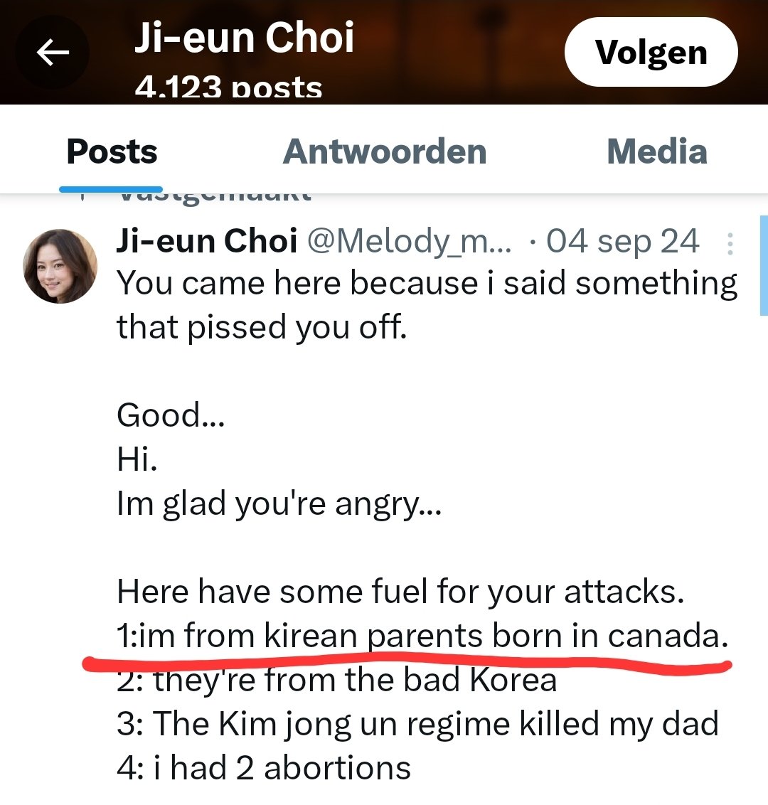 helalydia's tweet photo. @Melody_mel_Rowe @annstrikje Dat je koreaans ben daar twijfel ik niet over maar beweren dat je de ellende in NK aan den lijve ondervonden heb terwijl je in je vastgezette bericht zegt in Canada geboren te zijn doet mij twijfelen aan je geloofwaardigheid https://t.co/Iaw5fYMJKh