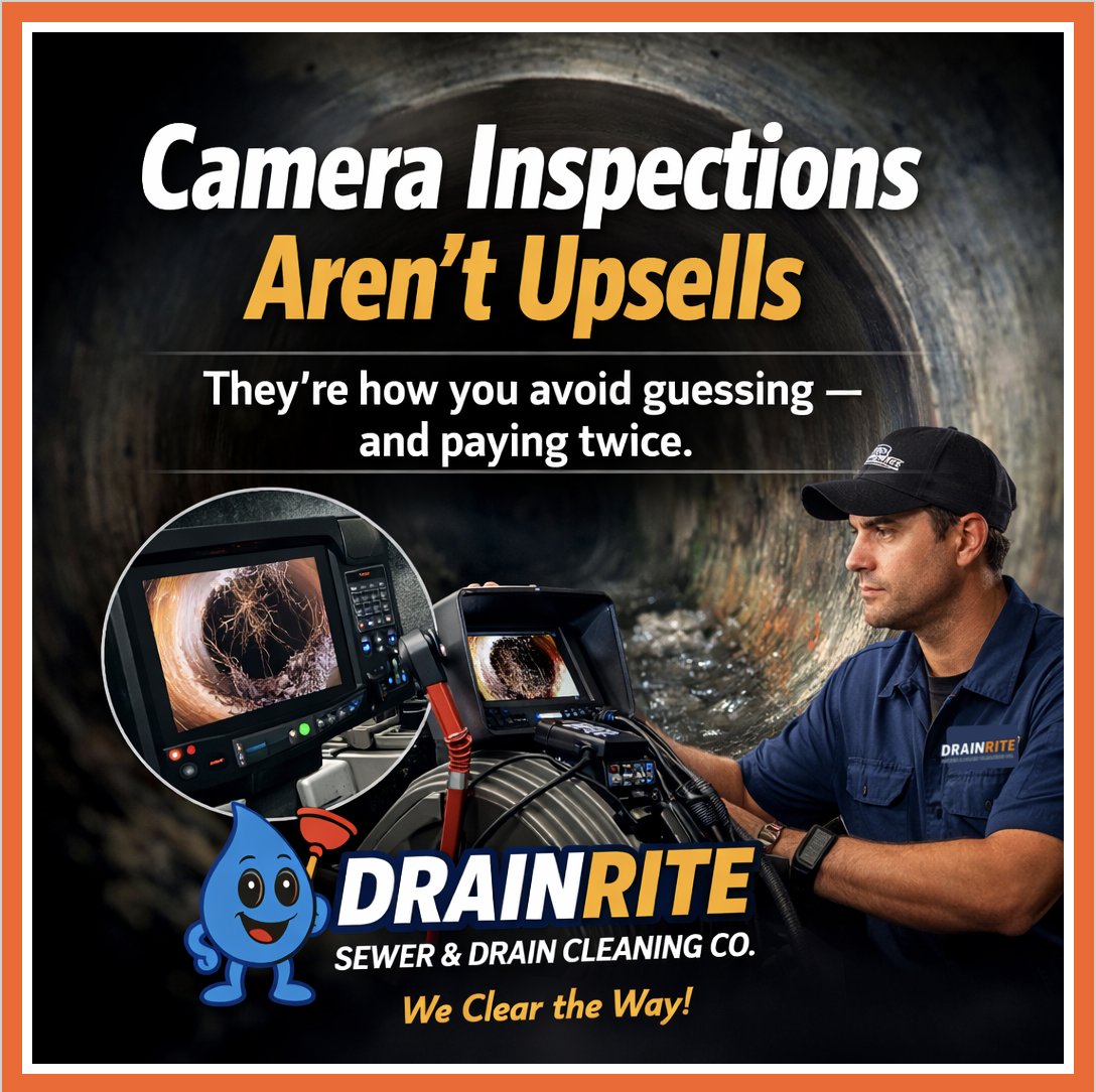 drainrite's tweet image. Camera inspections aren’t upsells.

They’re how you avoid guessing — and paying twice.
If you can’t see the problem, you’re just hoping it’s gone.

#DrainCamera #PlumbingFacts #Saskatoon