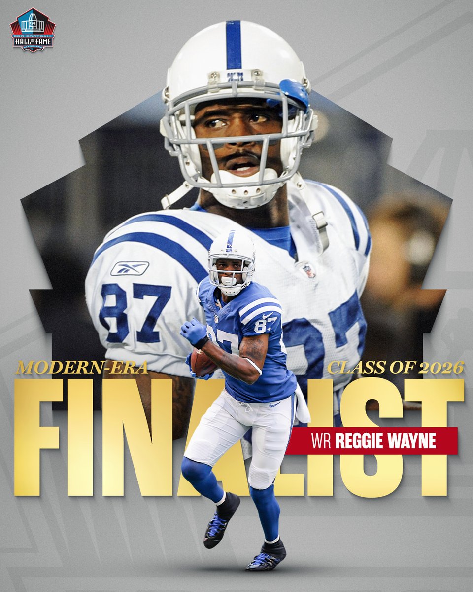 ProFootballHOF's tweet image. Fifteen modern-era players have been announced as finalists for the Pro Football Hall of Fame’s Class of 2026, presented by Visual Edge IT. profootballhof.me/3LdsgQq @reggiewayne_17 @Colts