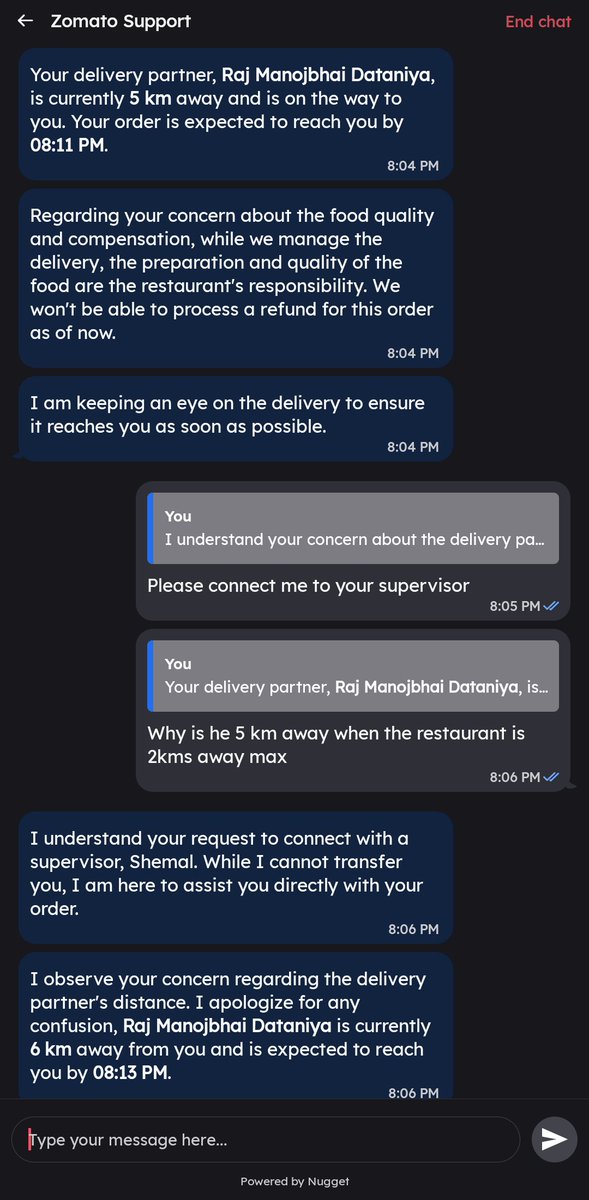 ShemalPandya's tweet photo. What an utter shoddy behaviour from the AI slop that is Zomato Customer Service. @zomato @zomatocare are you even there? Do you even understand English? https://t.co/GeZYjLL1pc