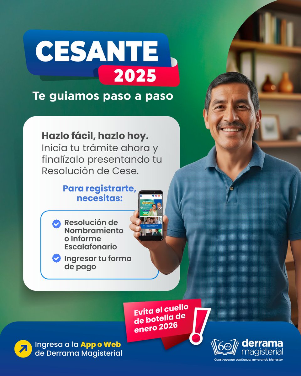 Adelanta tu trámite y gana tiempo 🚀📲. Inicia el proceso antes de contar con la Resolución de Cese y completa los documentos luego.
Evita filas, avanza etapas y gestiona todo desde tu celular con firma digital ✍️🔐.
Descarga la App Derrama Magisterial.