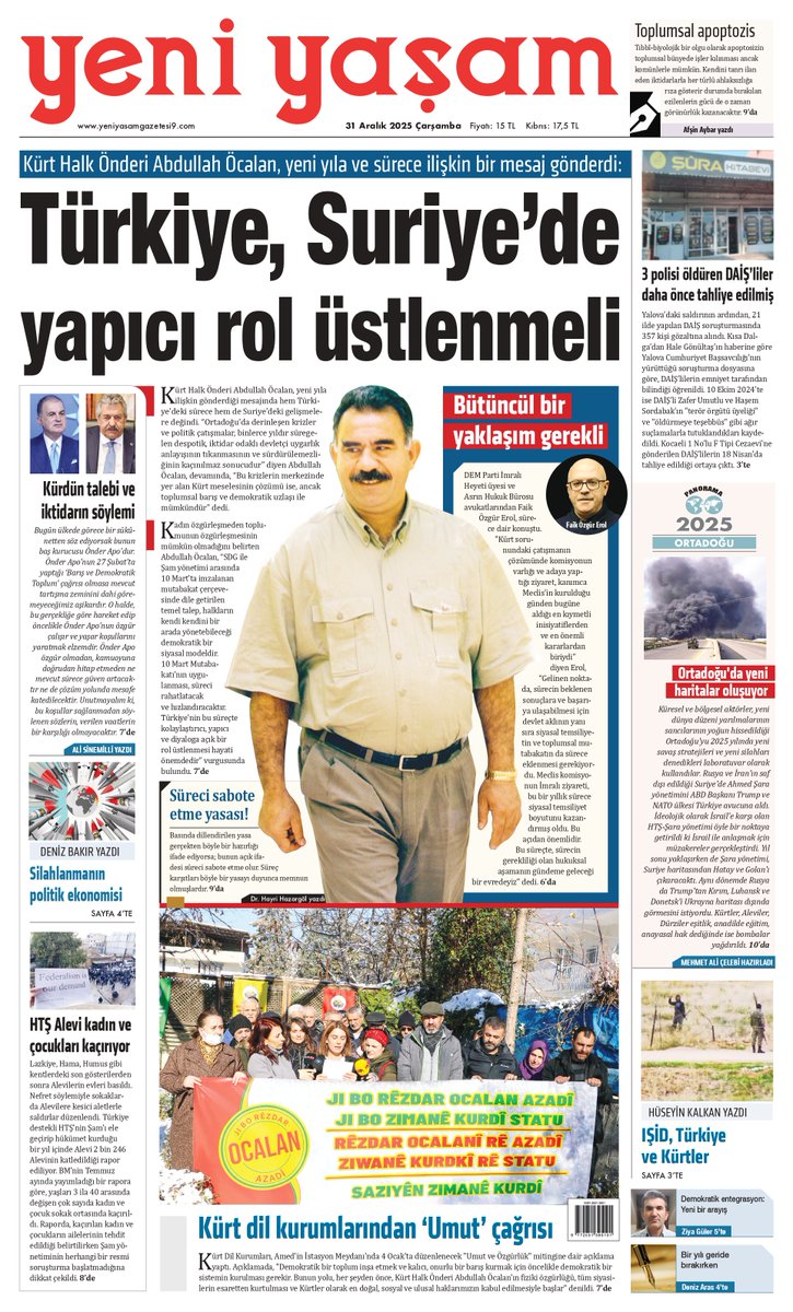 'Türkiye, Suriye'de yapıcı rol üstlenmeli' manşetiyle yarın yayındayız