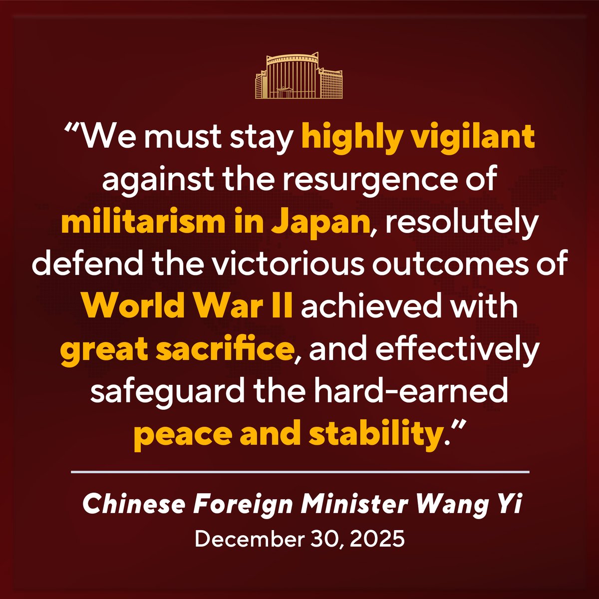 SpoxCHN_LinJian's tweet photo. Japan, the country that started the war of aggression against China, has failed to express deep remorse for the crimes it committed.

Even worse, Japan’s current leader publicly challenged China’s sovereignty and territorial integrity, the historical verdict of World War II, and the post-war international order.

This is totally unacceptable to all countries that love peace and all people who do not want the repetition of past tragedies.