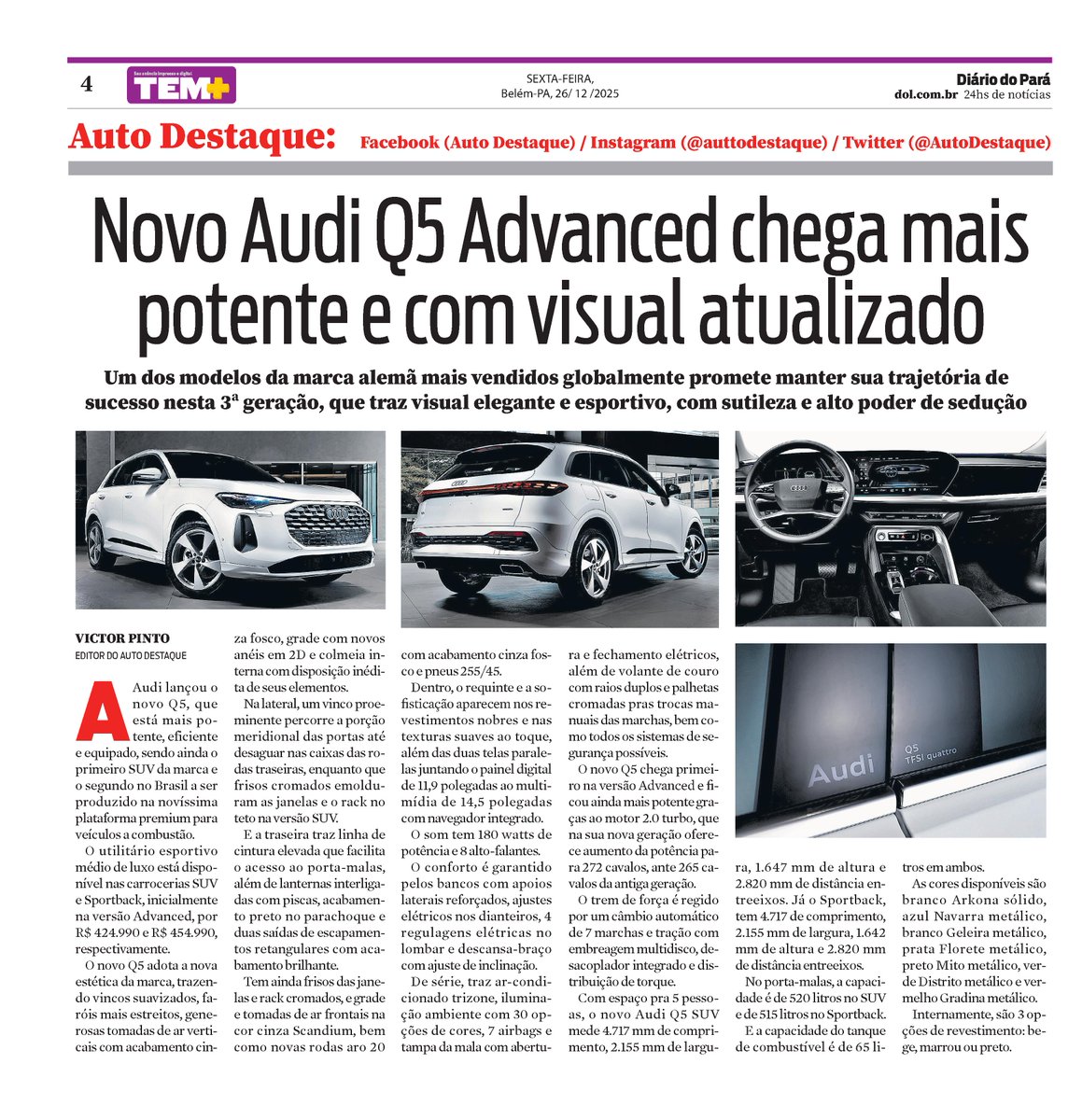 A Audi lançou no Brasil o novo Q5 Advanced, que foi matéria no caderno Auto Destaque do jornal Diário do Pará de 26/12/2025 #AutoDestaque #DiárioDoPará #DiarioDoPara #Audi #AudiQ5 #Q5Advanced #AudiQ5Advanced #NovoQ5Advanced #NovoAudiQ5Advanced