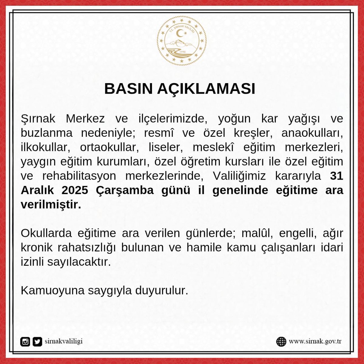 30.12.2025 Basın açıklaması:
<a href="/tcmeb/">Millî Eğitim Bakanlığı</a> <a href="/Yusuf__Tekin/">Yusuf Tekin</a> <a href="/SirnakValiligi/">T.C. Şırnak Valiliği</a> <a href="/BirolEkici73/">Birol Ekici</a> <a href="/idrisnas33/">İdris Nas</a>