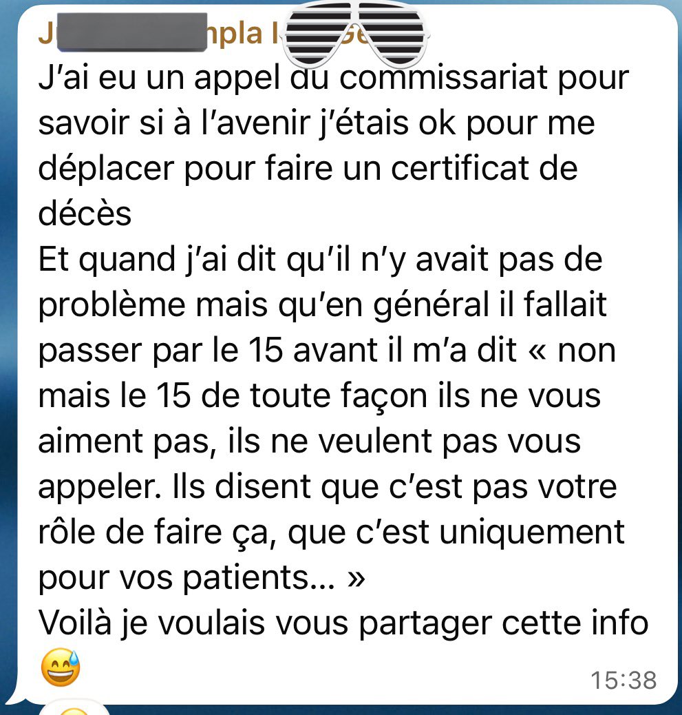 MARJAN0207's tweet image. STOP A L’OBSTRUCTION

Les idel font des certificats de DÉCÈS, même sans passer par le 15

Quand le SAMU du 56 fait de l’obstruction, c’est pas à moitié. 

faire poireauter la #police devant une maison pendant 12h le tps qu’un médecin se déplace, ça dérange personne?

#idel #fni