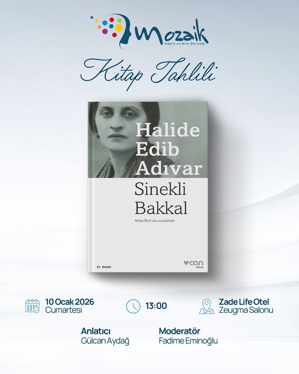 Mozaik Kadın Derneği Kitap Tahlili

Dönemin ikinci kitap tahlili 10 Ocak 2025 tarihinde Halide Edip Adıvar’ın Sinekli Bakkal eseri ile olacaktır.
Fadime Eminoğlu moderatörlüğünde yapılacak tahlilin anlatıcısı Gülcan Aydağ olacaktır.

 Katılımlarınızı bekliyoruz🌸
