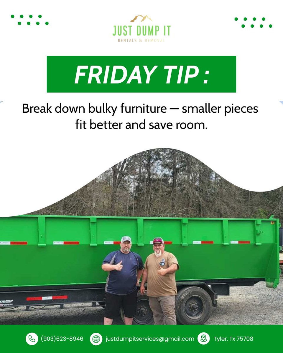 _JustDumpIt's tweet image. 💡 Friday Tip:
Break down bulky furniture — smaller pieces fit better and save space in your dumpster. 🗑️

#JustDumpIt #DumpsterTips #CleanupMadeEasy #WasteManagement