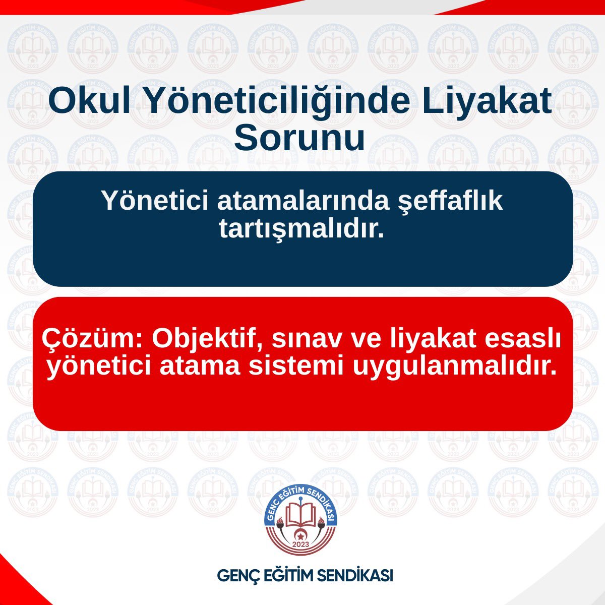 gencegitimsen's tweet photo. 📌 OKUL YÖNETİCİLİĞİNDE LİYAKAT VE HAKKANIYET SORUNU

Eğitim sisteminin sağlıklı işlemesi, okulların başarısı ve çalışma barışının korunması; okul yöneticilerinin liyakat, ehliyet ve objektif kriterler esas alınarak belirlenmesiyle mümkündür. Ancak mevcut yönetici atama süreçleri, şeffaflık ve adalet noktasında ciddi tartışmalara neden olmaktadır.

Okul yöneticiliği; yüksek sorumluluk, yoğun iş yükü ve güçlü liderlik gerektiren bir görevdir. Buna rağmen atamaların sübjektif değerlendirmelere açık olması, eğitim camiasında güven duygusunu zedelemektedir.

🎯 ÇÖZÜM AÇIKTIR:
✔️ Objektif ve yazılı sınav esaslı,
✔️ Liyakat temelli,
✔️ Denetlenebilir ve şeffaf
bir yönetici atama sistemi hayata geçirilmelidir.

Bununla birlikte, okul yöneticilerinin maaşları tek kalemde ödenmeli, görev ve iş yükleriyle orantılı şekilde iyileştirilmelidir. Artan sorumluluklara rağmen parçalı ve yetersiz ücretlendirme anlayışı kabul edilemez.

Genç Eğitim Sendikası olarak;
Eğitimde adalet, yönetimde liyakat ve emeğin karşılığını alan bir ücret sistemi talep ediyoruz. Eğitim çalışanlarının hak ettiği değeri gördüğü bir düzen için mücadelemizi kararlılıkla sürdüreceğiz.

@mfaarslan 
@Yusuf__Tekin 
@tcmeb