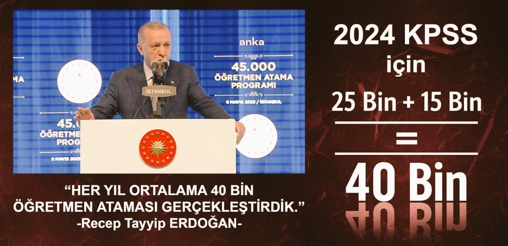 Sayın <a href="/oktay_saral/">Oktay SARAL</a> gelin 2024 KPSS kontenjanını 40 bine tamamlayalım.”
Bu çağrı eğitim adına tarihi bir fırsattır.
<a href="/TalipGeylan06/">Talip Geylan</a> <a href="/dbdevletbahceli/">Devlet Bahçeli</a>
#Reis2024KPSSEkYirmiBeşBin