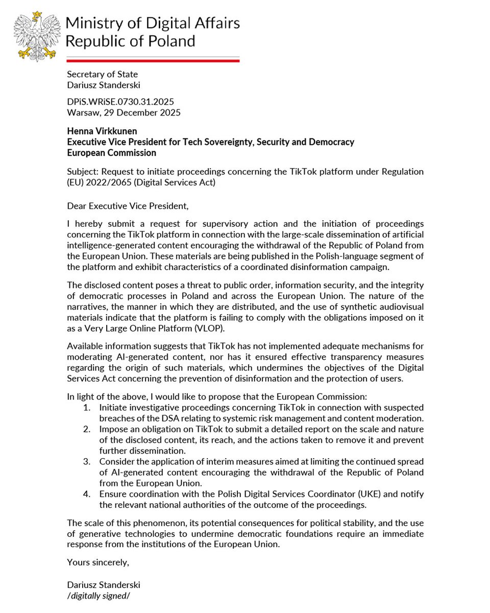 Interweniuję ws. Tiktoka ‼️

W ostatnich dniach na TikToku nastąpił prawdziwy wysyp filmików generowanych za pomocą AI, siejących dezinformację ws. członkostwa Polski w Unii Europejskiej. Skala tego procederu może sugerować, że mamy do czynienia ze zorganizowaną akcją. Zwróciłem