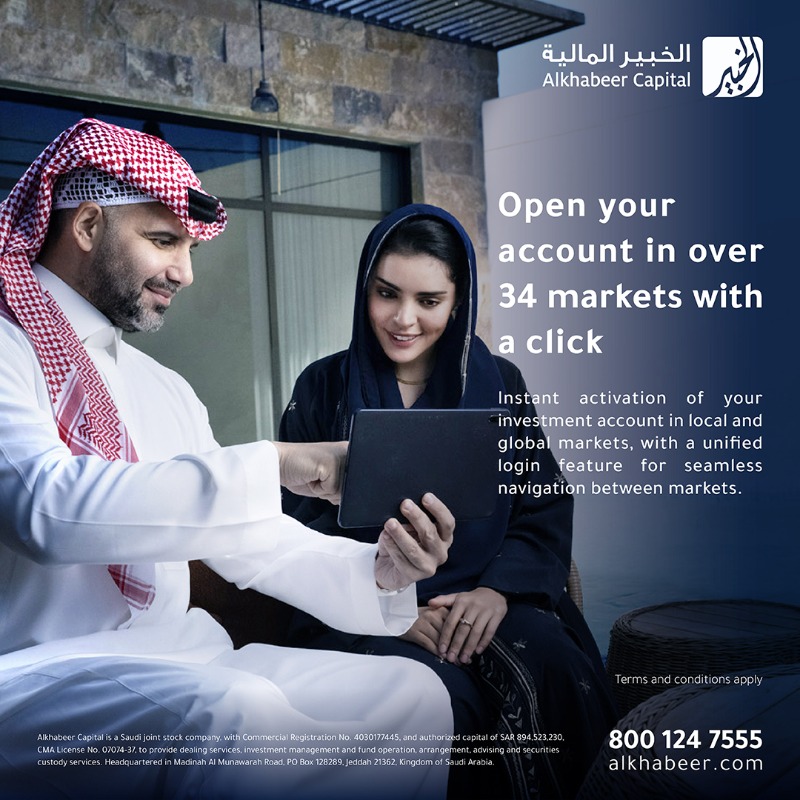 AlkhabeerCap's tweet photo. Open your account across all markets with a single click, one account gives you access to more than 34 local and global markets.