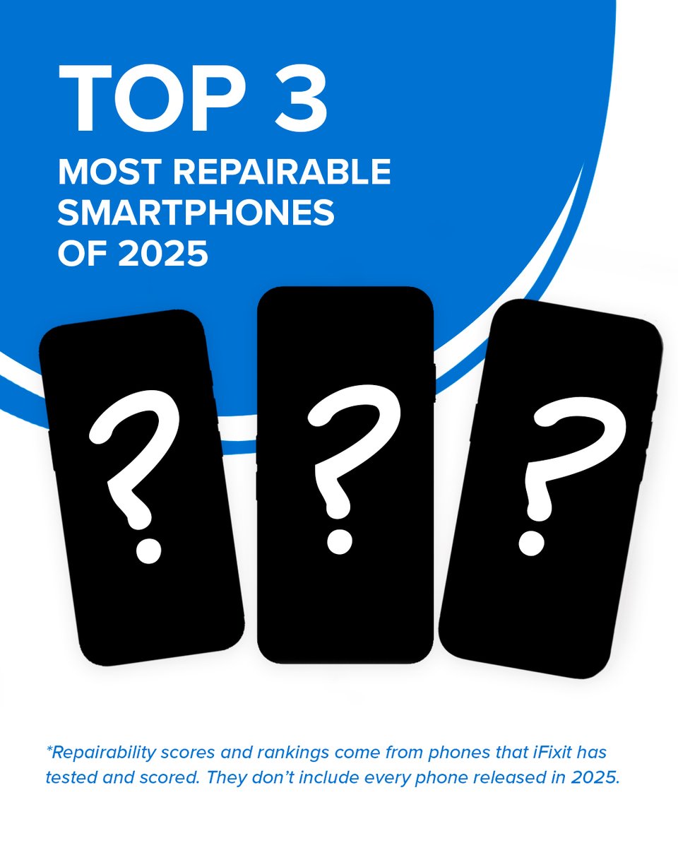 iFixit's tweet image. From electrically-releasing adhesive to adhesive-free screen repairs, these phones stood out in 2025 for their repair-friendly design. Especially the number-one ranked phone!
—
#iFixit #RightoRepair #FixTheWorld