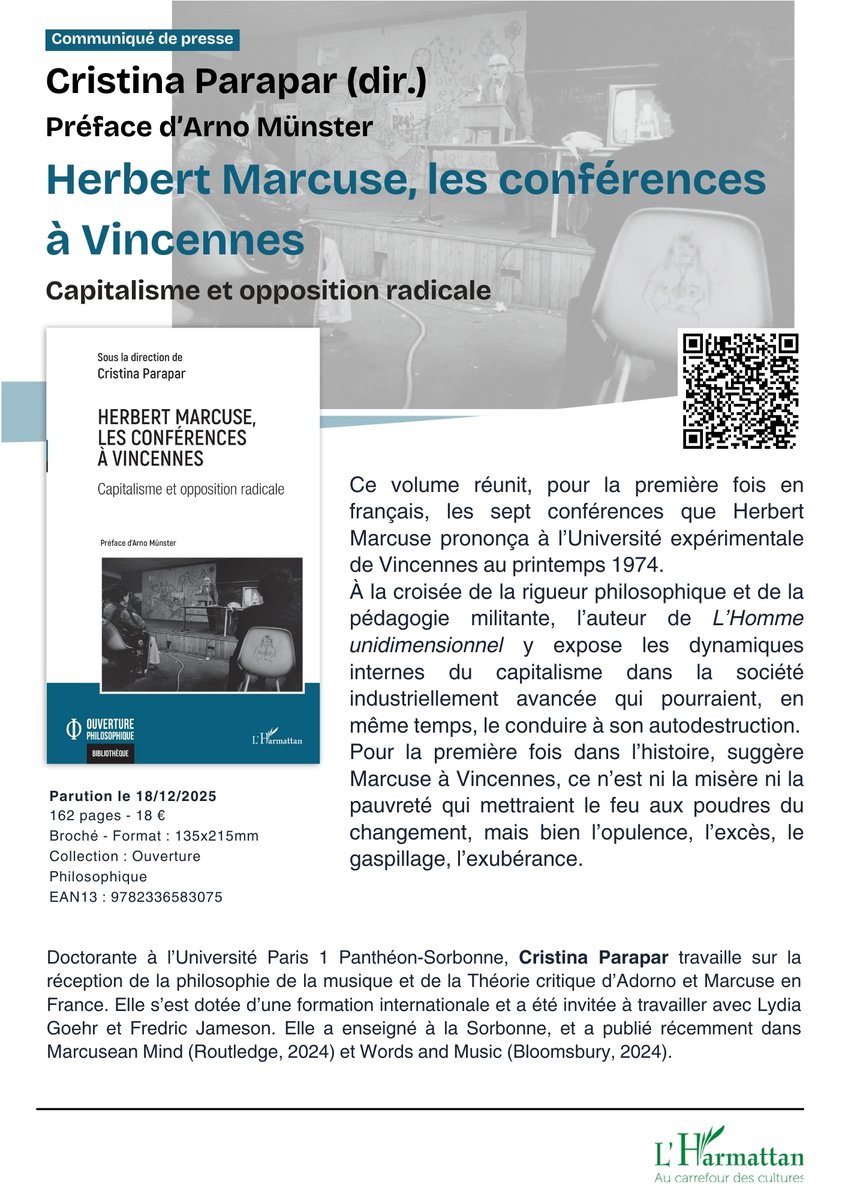CristinaParapar's tweet photo. My French translation of Marcuse’s 1974 Vincennes  lectures — delivered in English — is now out. A key piece of radical and critical theory. More info below. @HarmattanParis https://t.co/bzUrn6341M