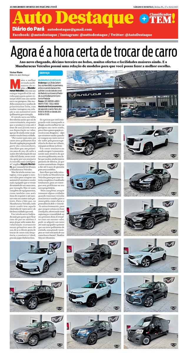A Mundurucus Veículos está com condições imperdíveis para quem quer entrar em 2026 com carro novo na garagem, como mostra esta matéria publicada na capa do caderno Auto Destaque do jornal Diário do Pará de 27 &amp; 28/12/2025 #AutoDestaque #MundurucusVeículos #DicasAutomotivas