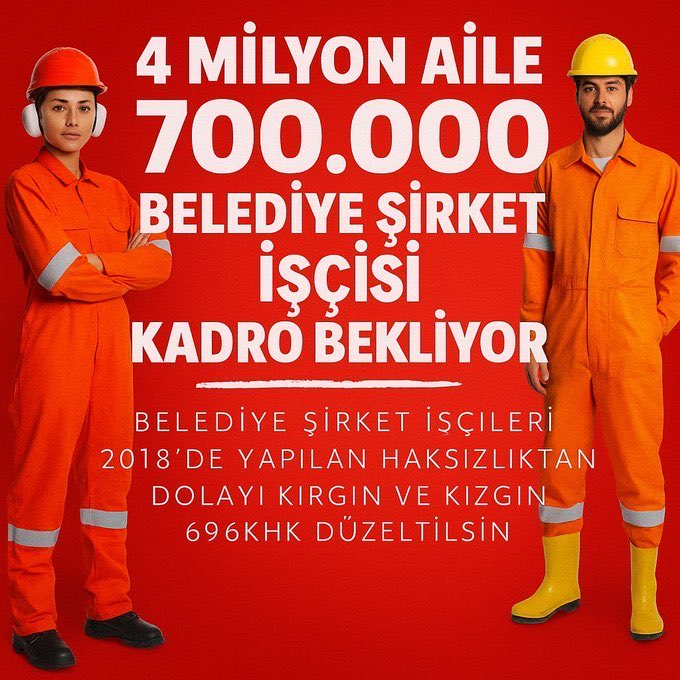 <a href="/isikhanvedat/">Prof. Dr. Vedat Işıkhan</a> <a href="/farukozcelikgsb/">Faruk Özçelik</a> <a href="/AhmetAYDIN_02/">Ahmet AYDIN</a> <a href="/csgbakanligi/">T.C. Çalışma ve Sosyal Güvenlik Bakanlığı</a> <a href="/TBMMresmi/">TBMM</a> <a href="/NumanKurtulmus/">Numan Kurtulmuş</a> <a href="/burhanduran/">Burhanettin Duran</a> <a href="/hasandogan/">Hasan Doğan</a> <a href="/iletisim/">T.C. İletişim Başkanlığı</a> <a href="/tcbestepe/">T.C. Cumhurbaşkanlığı</a> <a href="/RTErdogan/">Recep Tayyip Erdoğan</a> <a href="/Hayati_Yazici/">Hayati Yazıcı</a> <a href="/mustafaelitas/">Mustafa Elitaş</a> <a href="/akbasogluemin/">Av. M.Emin AKBAŞOĞLU 🇹🇷</a> <a href="/omerrcelik/">Ömer Çelik</a> <a href="/Akparti/">AK Parti</a> <a href="/Cansiz2020/">𝑩𝒆𝒌𝒊𝒓 𝑪𝒂𝒏</a> <a href="/Onsra6161/">Mustafa Cömert</a> <a href="/zeynepsuela/">zeynep</a> <a href="/aksay_busra/">Büşra Büşra</a> <a href="/pebelediye/">PE Belediye Emekçileri Dayanışma Ağı</a> <a href="/TURANN1923/">Belediye Şirket İşçisi🇹🇷🇹🇷</a> <a href="/BelediyeBitli/">BelediyeŞirketMühendisi</a> <a href="/bldyekadro/">Türkiye belediye şirket işçileri topluluğu</a> <a href="/SirketIstanbul/">Belediye Şirket İşçisi (Taşeronun Devamı)</a> <a href="/issizadanali/">2019BelediyeMağduru</a> <a href="/BurcuAr66646250/">Belediye Şirket İşçileri Hak Savunucusu</a> <a href="/aliveli123765/">bir garip belediye şirket işçisi</a> <a href="/Belediye52/">Muhammed haklı bir kul</a> <a href="/Belediyesirkett/">BelediyeŞirketİşçilerKadroİstiyor</a> <a href="/Belediyesirket1/">Belediye Şirket2</a> <a href="/Belediyesirket1/">Belediye Şirket2</a> <a href="/Halee35/">Hale Ören</a> <a href="/BelediyeTaseron/">Belediye taşeron</a> <a href="/iscihaber/">İşçi Haber</a> <a href="/IscilerDernegi/">Kamuda Çalışan Üniversiteli İşçiler Derneği</a>