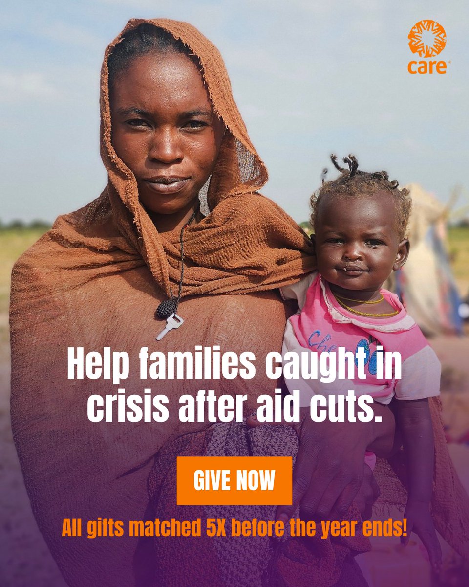 CARE's tweet image. Maria and her daughter were forced to flee their home in Sudan.

CARE is there with food, water, and shelter—and we need you with us.

There’s still time to help before the year ends.

Every gift is matched 5X right now.

Donate 👉  care.org/newyears