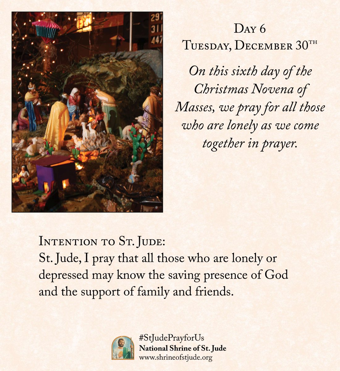 ShrineofStJude's tweet photo. Tuesday, December 30th — Sixth Day of Solemn Novena

St. Jude, I pray that all those who are lonely or depressed may know the saving presence of God and the support of family and friends.

Meditation video: https://t.co/RYJW7yxbZU
Learn more: https://t.co/dT27iTMTnI https://t.co/ekSbk98IdU