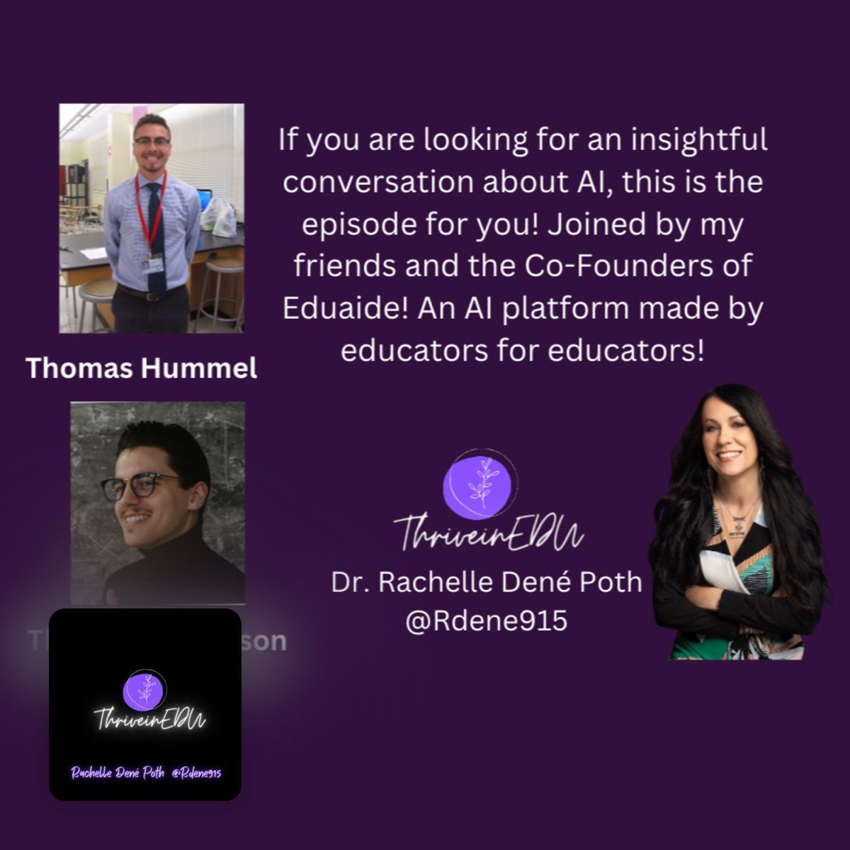 Rdene915's tweet photo. If you haven’t heard of @EduaideAI then now is the time to learn more! Listen to this episode with Co-Founders Thomas Hummel and Thomas Thompson! https://t.co/eSFUG6aPIx #education #edchat #learning #AI #teahing https://t.co/TB8gHuniUJ