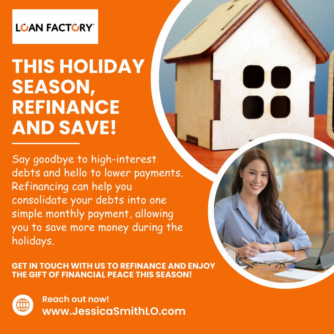 AskJessicaMLO's tweet image. This season, let us help you save money with a refinance. Contact us today to learn more! 
#HolidaySavings #RefinanceAndSave
#FinancialFreedom #RefinanceToday #HolidayDebtRelief #LowerPayments #DebtFreeLiving #ChristmasRefinance #SmartMoney