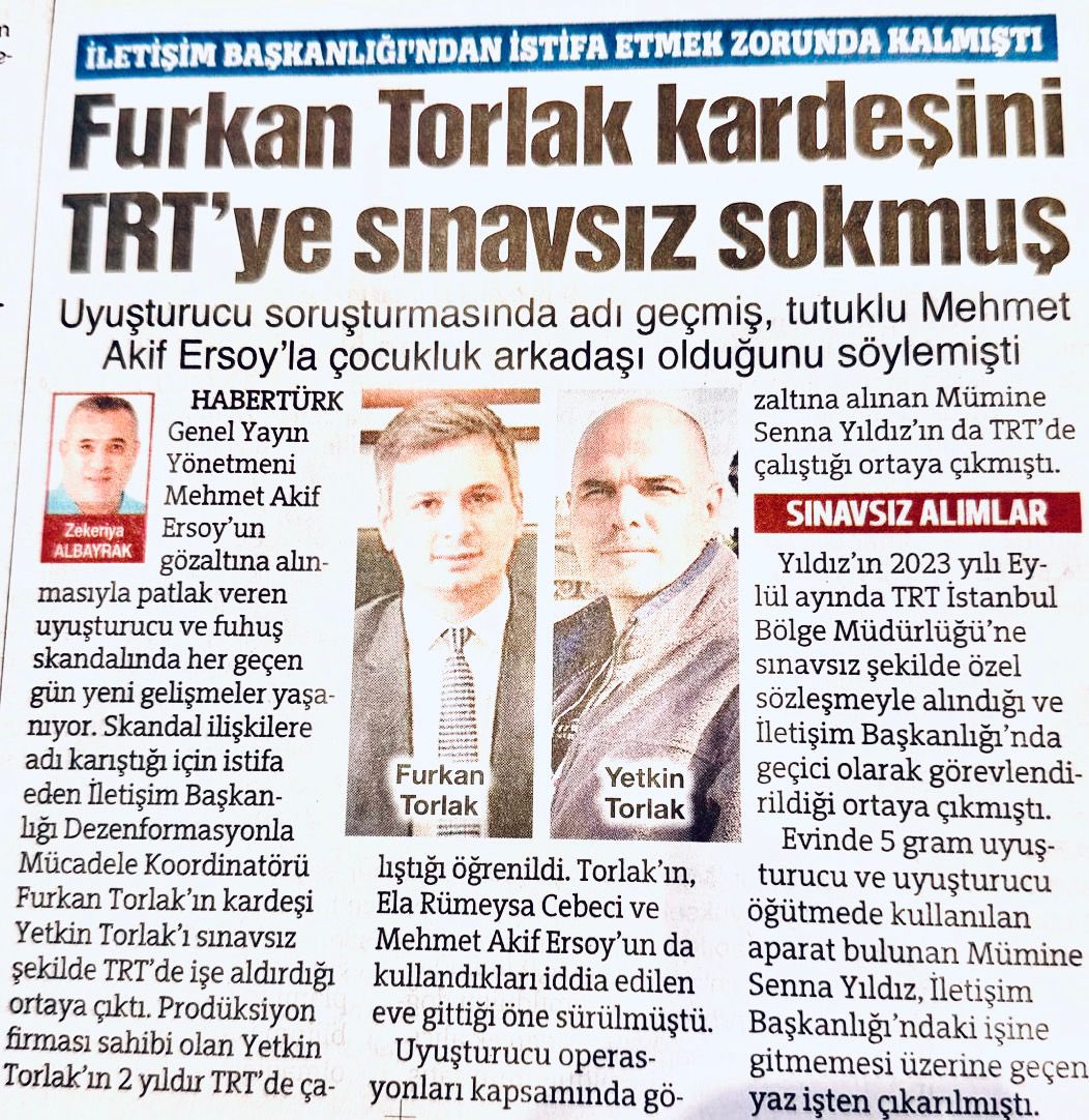 Yldrmbrcn_'s tweet image. Uyuşturucu ve fuhuş operasyonu kapsamında adı sıkça geçen eski İletişim Başkanlığı Koordinatörü Furkan Torlak’ın kardeşi Yetkin Torlak, yaklaşık iki yıl önce TRT’ye sınavsız ve mülakatsız bir şekilde yerleştirilmiş!!!

Diğer yanda ise bugün, IŞİD’li teröristlerle girilen…