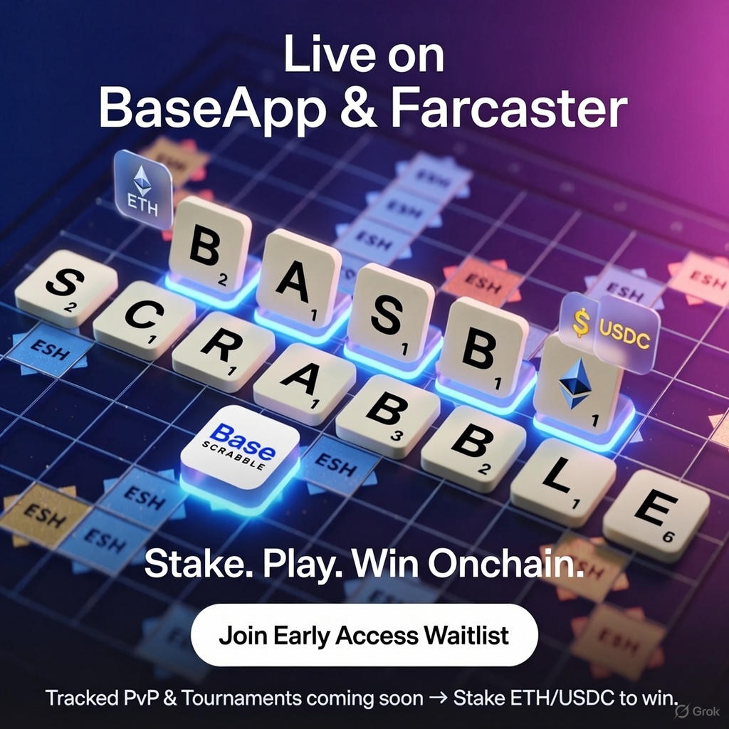 Base Scrabble is live.
The classic word game, now onchain.
Early access is open.
Join the waitlist on BaseApp ↓

base.app/app/basescrabb…

Join on Farcaster Mini App too ↓

farcaster.xyz/miniapps/cGgyw…