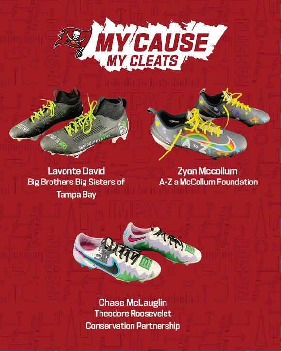 NFLFoundation's tweet photo. My Cause, My Cleats. Your Bid. Your Impact!🔥 For a limited time, head to https://t.co/oGCBOl9Ls1 and bid on game-worn cleats from your favorite Buccaneers. Every dollar goes straight to the nonprofit causes our players care about most. 
#MyCauseMyCleats #GoBucs https://t.co/GFp8f4xV0c