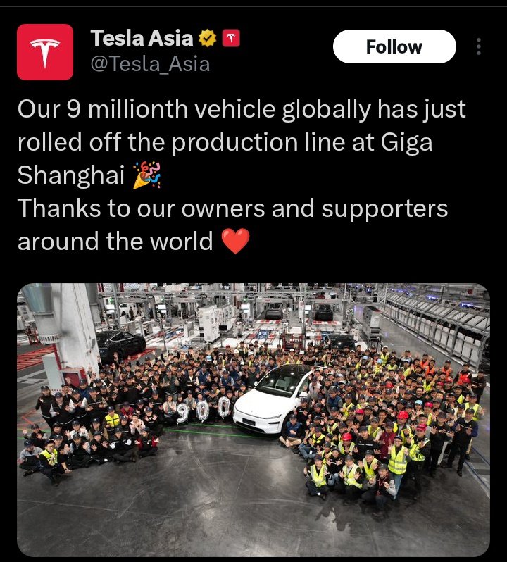 Breaking: Elon Musk's Tesla has produced 9M cars.

Giant company making global impact. 🚗🚗🚗🚗🚗🚗🚗🚗