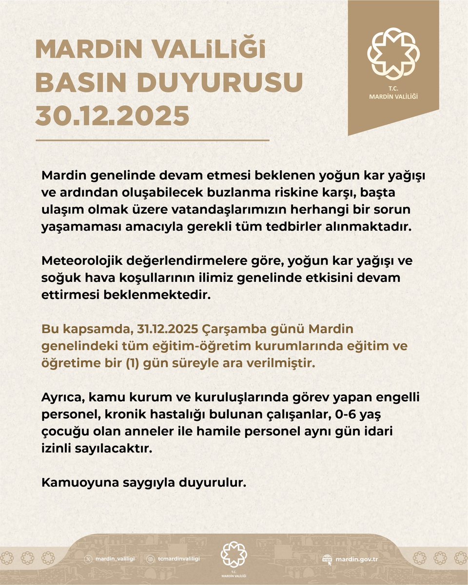 Mardin genelinde devam etmesi beklenen yoğun kar yağışı ve ardından oluşabilecek buzlanma riskine karşı, başta ulaşım olmak üzere vatandaşlarımızın herhangi bir sorun yaşamaması amacıyla gerekli tüm tedbirler alınmaktadır.

Meteorolojik değerlendirmelere göre, yoğun kar yağışı ve