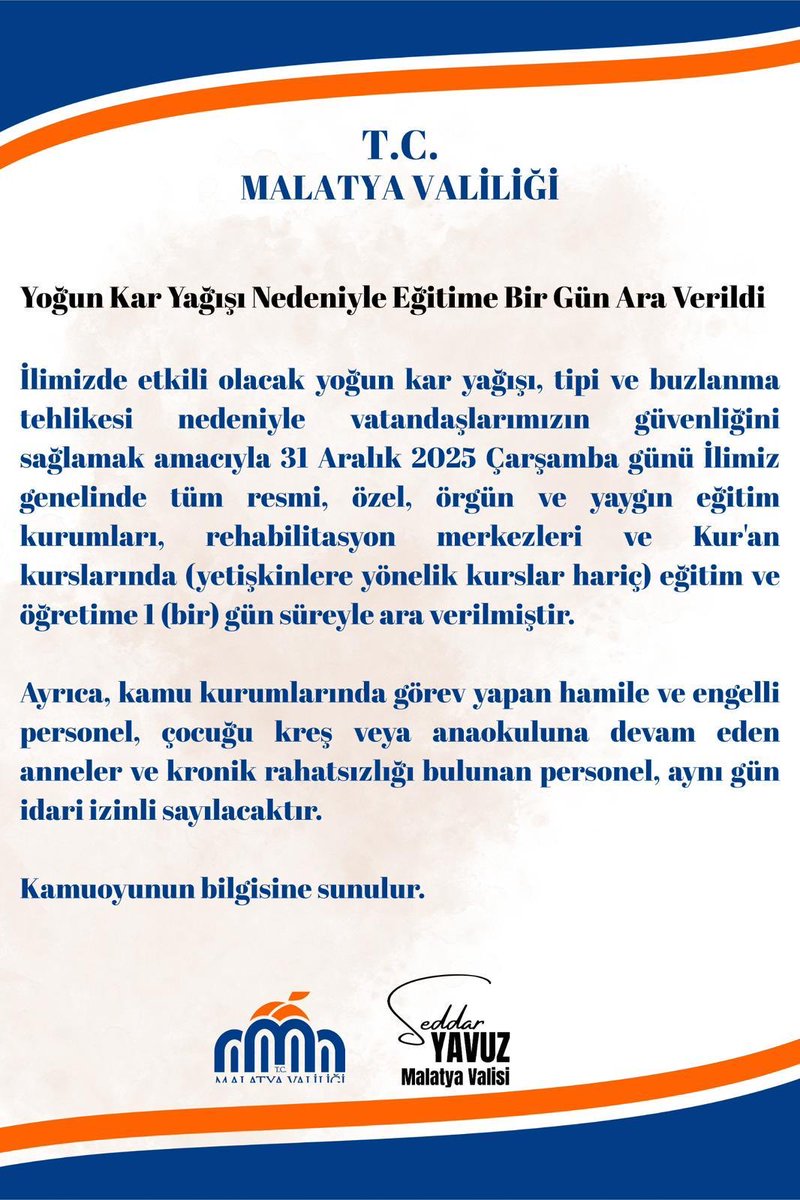 Sevgili Evlatlarım,
31 Aralık Günü İlimizde yoğun kar yağışı ve kuvvetli don beklendiğinden Eğitim ve Öğretime 1 gün süre ile ara verilmesine karar verilmiştir.

Yeni Yılınızı kutlar , iyi tatiller dilerim.