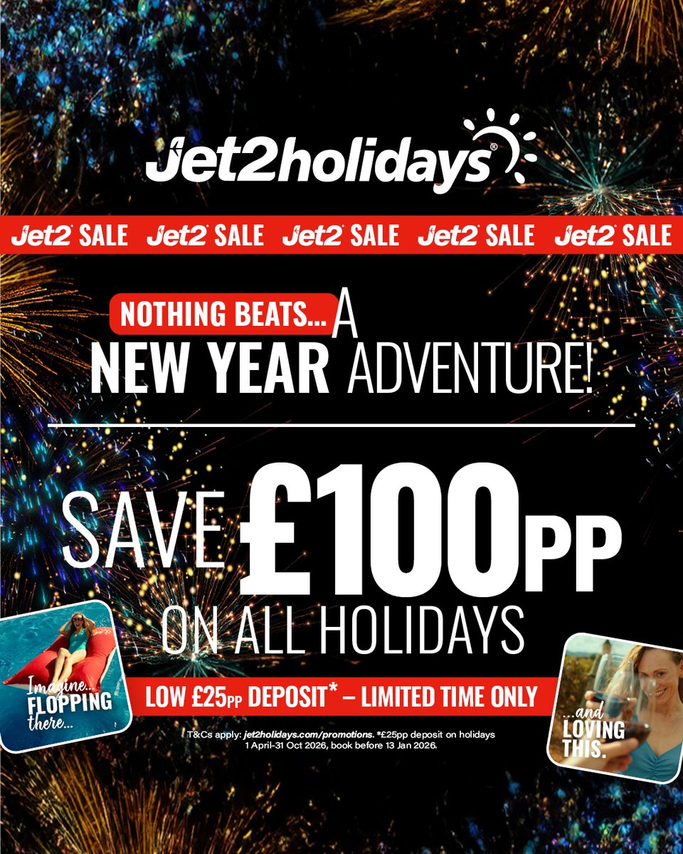 jet2tweets's tweet image. 2026 calling...

With £100pp off all holidays*, plus a low £25pp deposit for a limited time only**, there's never been a better time to book! ✈️

Click here: spr.ly/6012Ck620

*T&amp;amp;Cs apply.
**On holidays 1 April-31 Oct 2026, Ends 12th Jan 2026. T&amp;amp;Cs apply.
