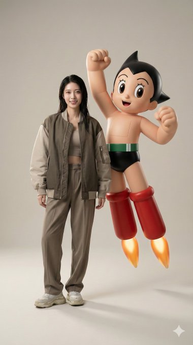 终于能和本命动漫角色拍“同色系合照”了！ 

拒绝硬 P 图！用 Gemini Nano Banana + 一张自拍，瞬间穿越：

• 完美锁脸：100% 保留你的盛世美颜 
 • 巨型 3D 实体：