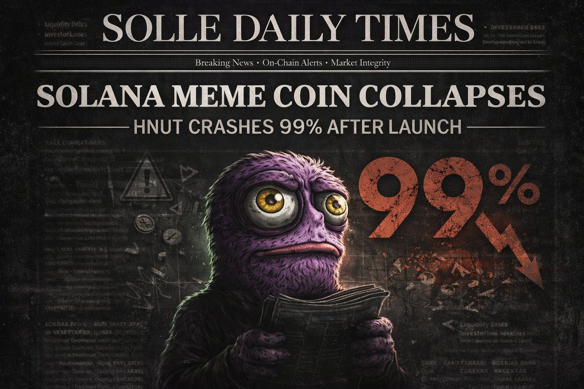 🚨 BREAKING | SOLLE NEWS DESK A Solana-based meme coin, $HNUT, has  collapsed nearly 99% shortly after launch, raising fresh concerns around  bundled transactions and insider-controlled supply. On-chain analysts  flagged suspicious activity