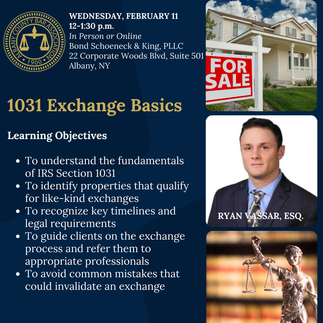 AlbanyCountyBar's tweet photo. Ready to master 1031 exchanges? 🚀 Join our seminar with Ryan Vassar of IPX1031 to learn how to structure deals, avoid pitfalls &amp; elevate your real estate practice! Don’t miss out — register today: https://t.co/dWYuOEbxCm https://t.co/VeEJ0zqbkl