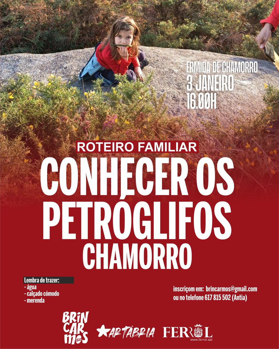 🥾 Roteiro familiar para conhecer os petróglifos de Chamorro com #Brincarmos

📅 3 de janeiro
🕑 16h
📌 Ermida de Chamorro

Lembra de trazer:

🍶Água
🥾 Calçado cómodo
🥪 Merenda

Inscriçons no 📱 617 815 502 (Antia) ou em brincarmos@gmail.com 

#Roteiro #Ferrol #Petróglifos